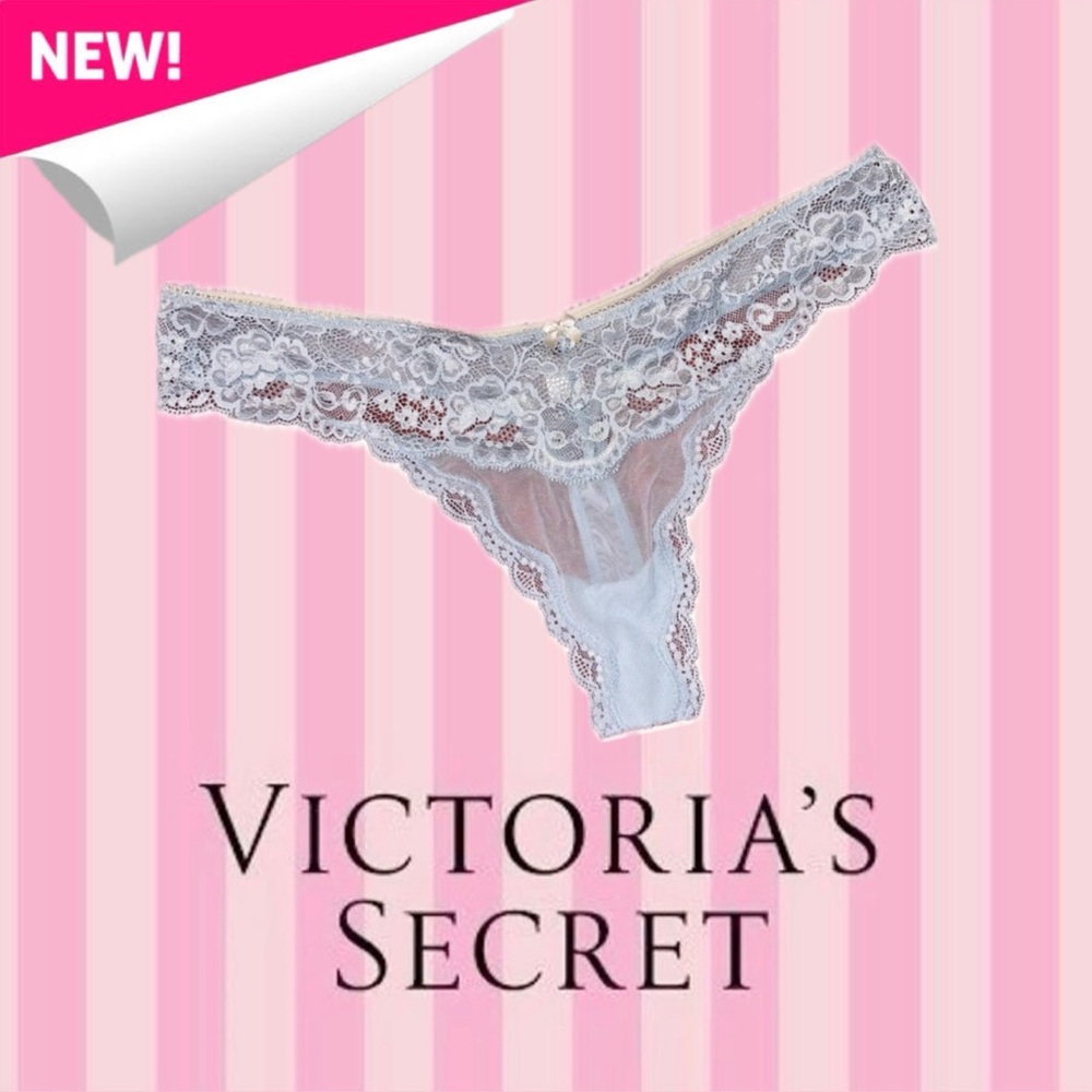 Victoria’s Secret Light Blue floral Lace, sheer mesh thong, Size L